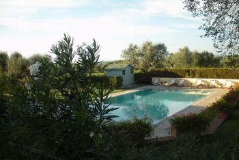 Der gepflegte Pool mit Sonnenliegen